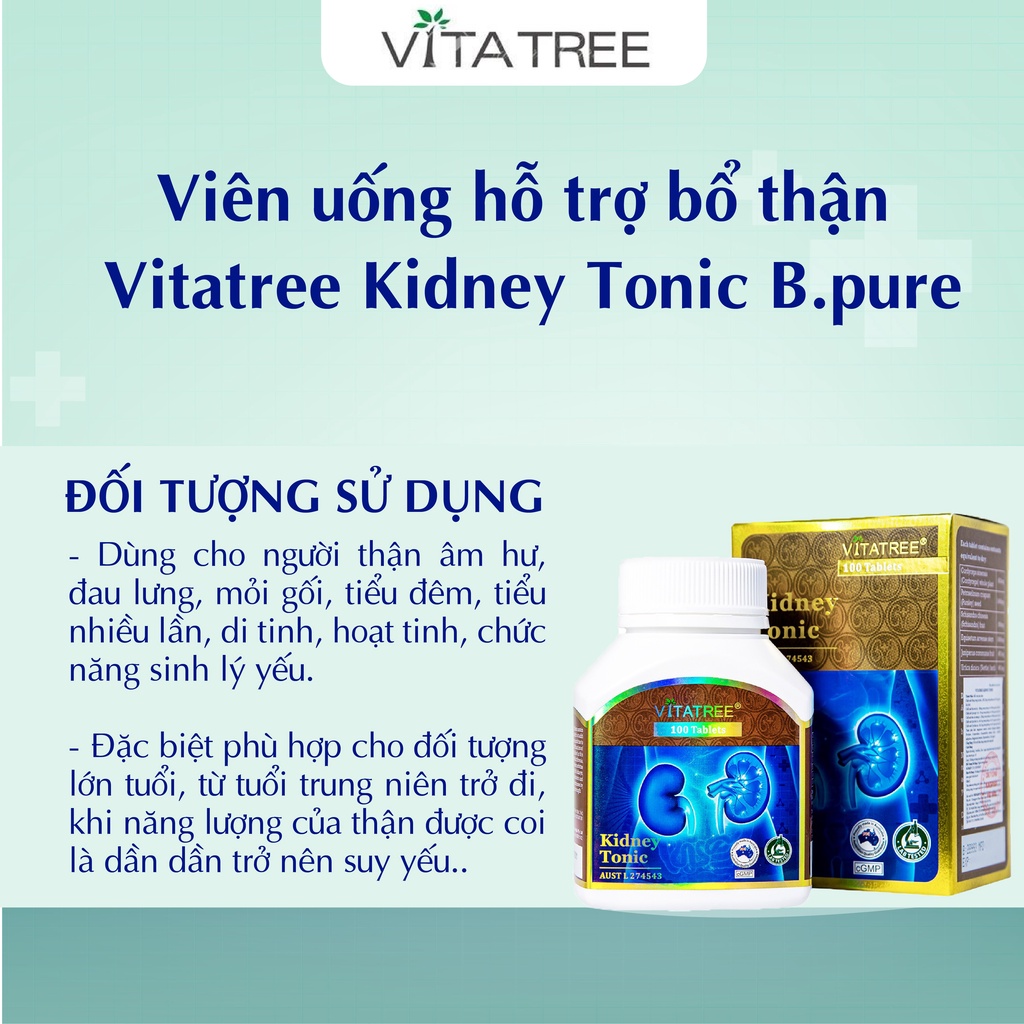 Viên uống bổ thận Vitatree Kidney Tonic tăng cường sinh lý nam, bổ thận tráng dương hộp 100 viên