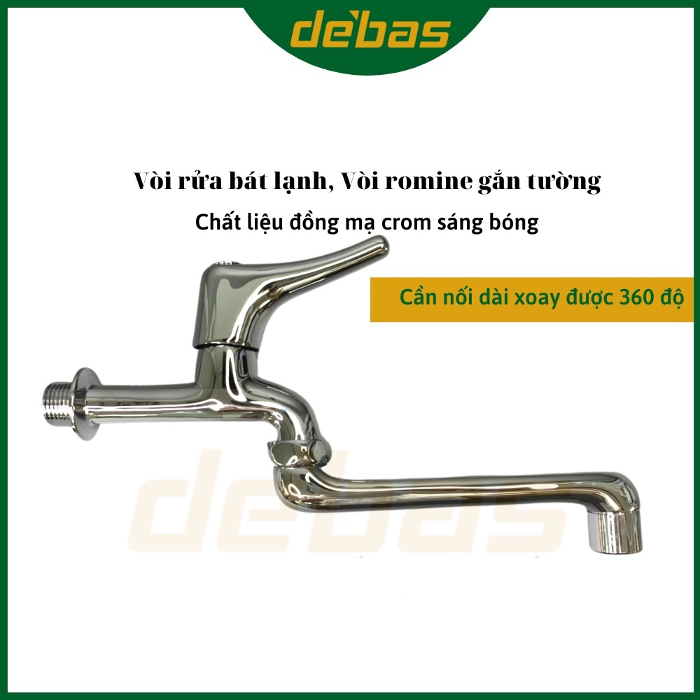 Vòi rửa chén bát lạnh cao cấp đồng mạ crom cần dài vòi gạt ngang gắn tường Debas V006