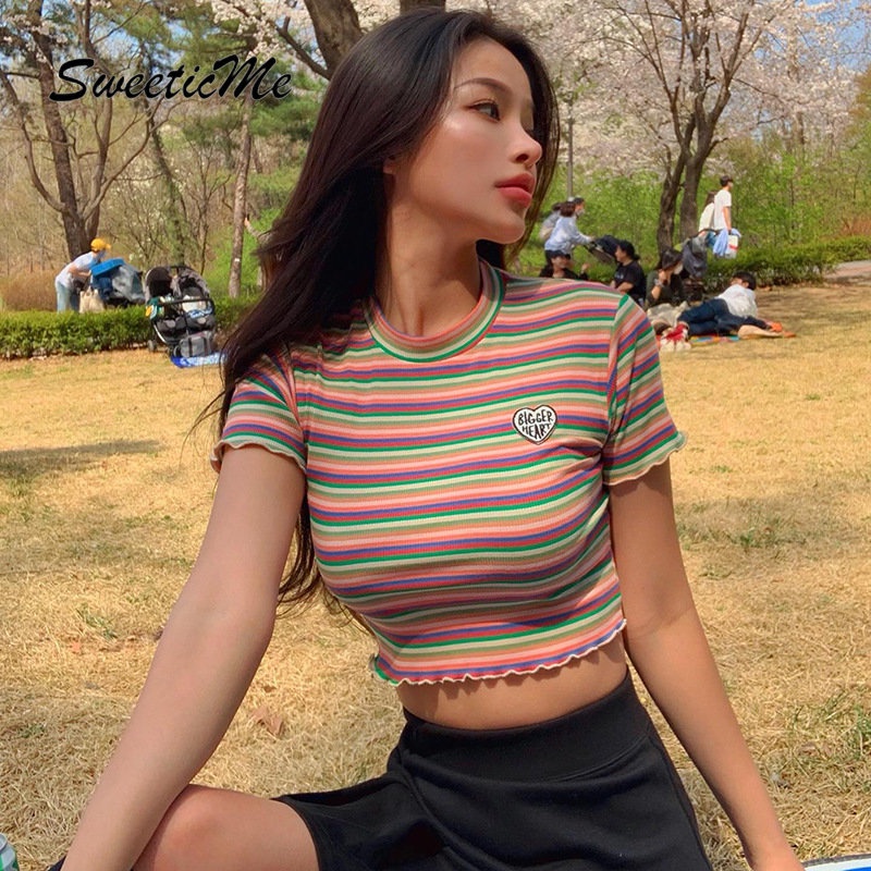 Áo Thun Tay Ngắn Dáng Ôm Phối Màu Tương Phản Thời Trang   Cho Nữ