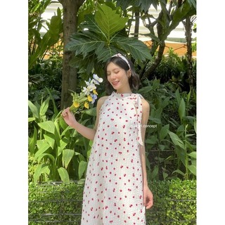 ĐẦM LUCKIE - Đầm yếm nữ hoa đỏ buộc nơ