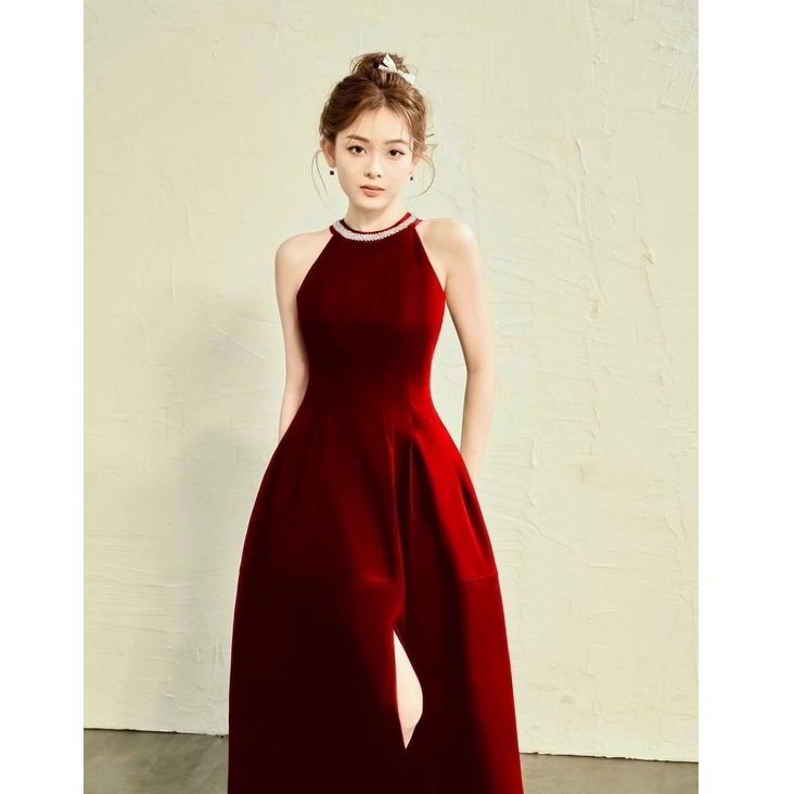 Đầm nữ đi tiệc phối cổ yếm phối kim sa