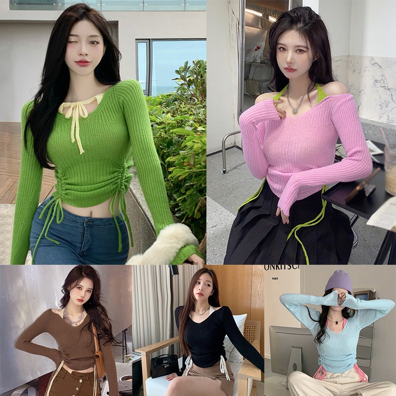 Áo Sweater Dệt Kim Dây Rút Giả Hai Lớp Màu Sắc Tương Phản Phong Cách Hàn Quốc