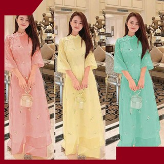 Áo dài 4 tà, Áo dài truyền thống may sẵn thiết kế đẹp có size lớn chất lụa tơ óng kèm quần suông nhiều màu