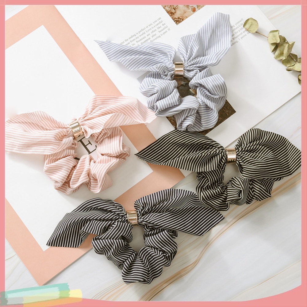 Dây buộc tóc đính tai thỏ và sọc hợp thời trang