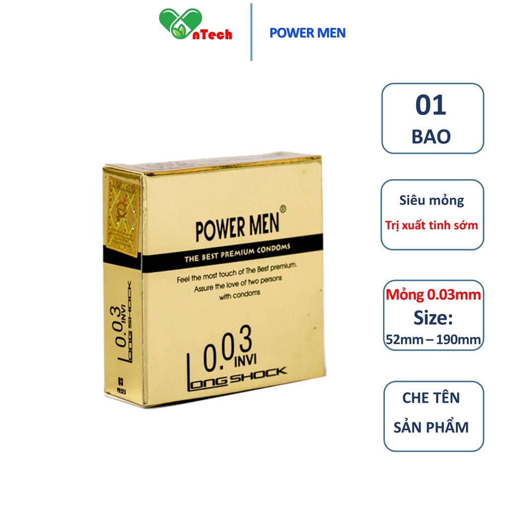 Bao cao su POWER MEN 0.03 INVI điệp viên tàng hình siêu mỏng kéo dài thời gian hạn chế xuất tinh sớm hộp 01 chiếc