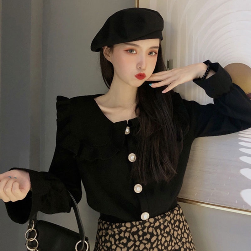 Áo Dệt Kim Tay Dài Cổ Bèo Thời Trang Hàn Quốc Dành Cho Nữ