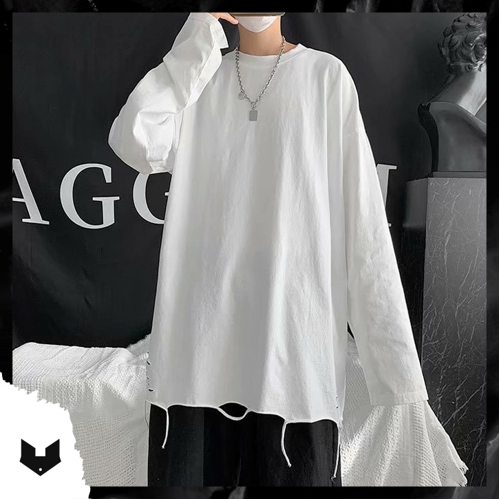 Áo thun dài tay 95% cotton rách gấu tạo layer màu trơn basic hip hop unisex nam nữ