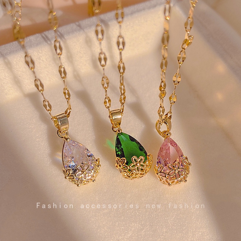 YeYi Vòng cổ Thép Titan Mặt Hình Giọt Nước Đính Đá Zircon Thời Trang Hàn Quốc