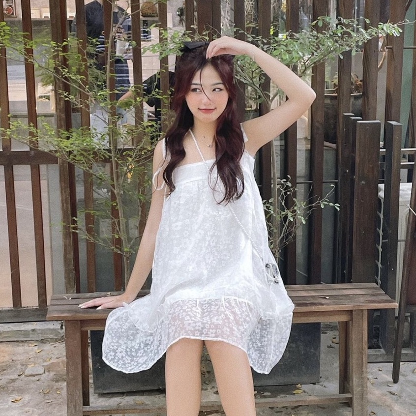 Váy babydoll 2 dây nơ in hoa trắng-BEELI DRESS [ kèm ảnh thật ]
