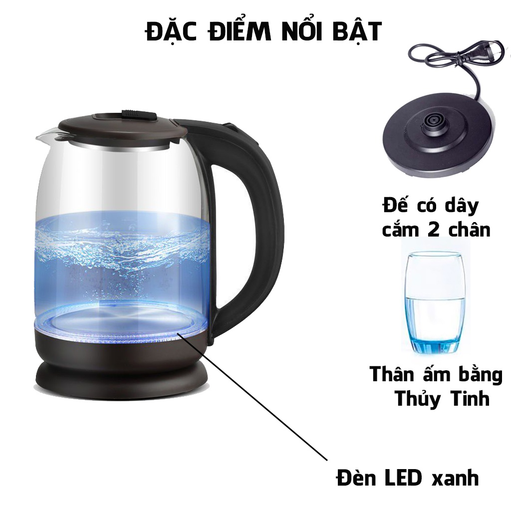 Ấm Siêu Tốc Thủy Tinh - Bình Siêu Tốc 2.0L Có Đèn Led ,Tự Ngắt Khi Sôi