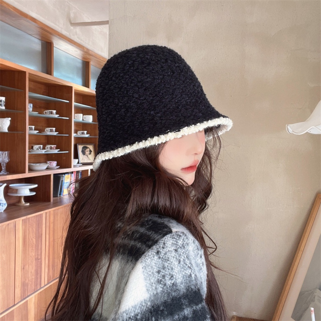 HMH®Mùa thu và mùa đông mới của phụ nữ mũ dệt kim sang trọng Nhật Bản màu sắc ngọt ngào tương phản cạnh mũ chậu bình