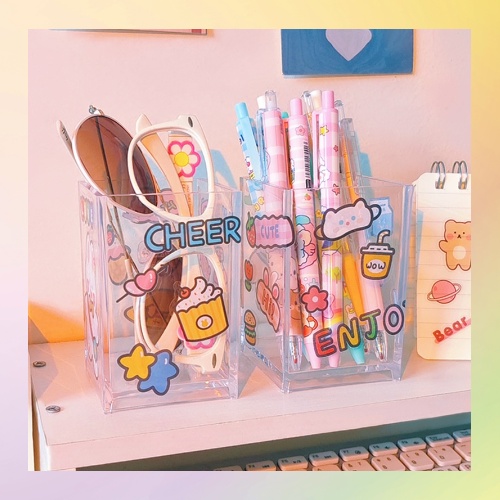 Ống Đựng Bút Trong Suốt Hình Vuông Họa Tiết Hoạt Hình Xinh Xắn Dành Cho Nữ/kệ đựng bút tiện dụng đa năng cho học sinh