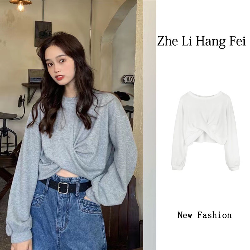 ZHELIHANGFEI Áo Sweater tay dài chéo lưng cao rốn gợi cảm