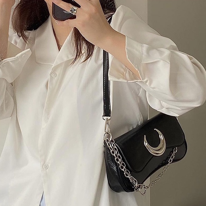 Túi Xách Đeo Vai Phối Khóa Hình Mặt Trăng Thời Trang Cao Cấp Cho Nữ