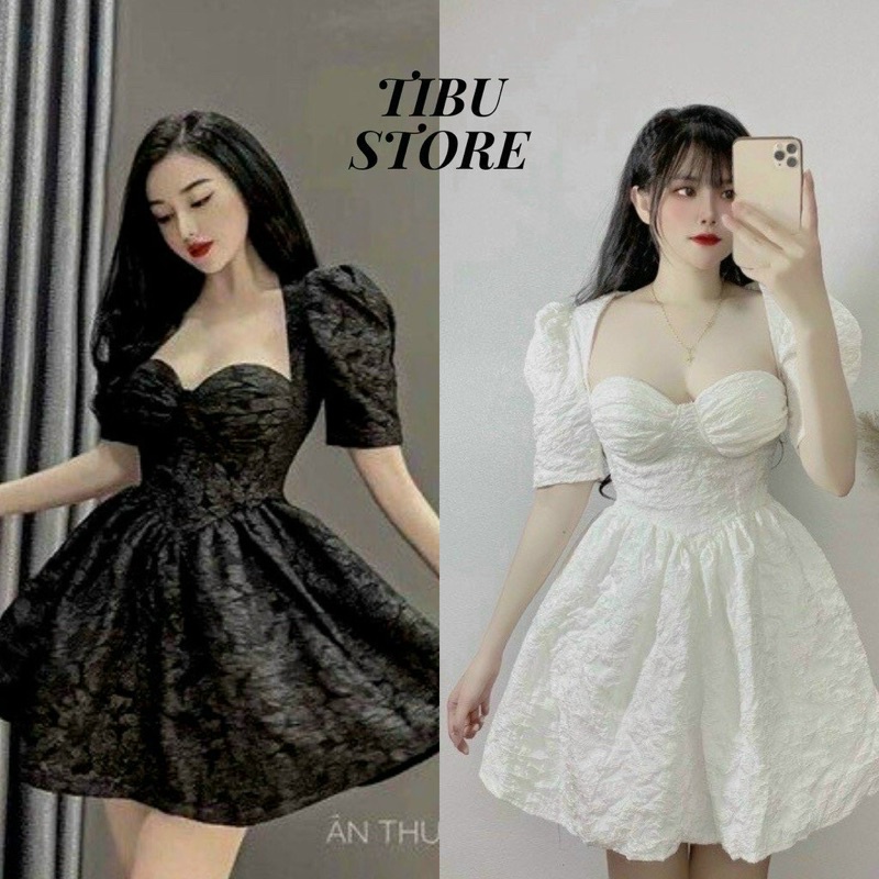 (sỉ)đầm gấm tiểu thư hàng thiết kế dáng xòe tay bồng cúp ngực có mút ngực