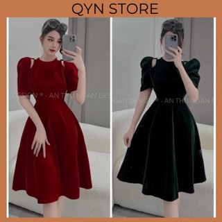 Đầm midi nhung khoét vai đính nút cườm 2 màu