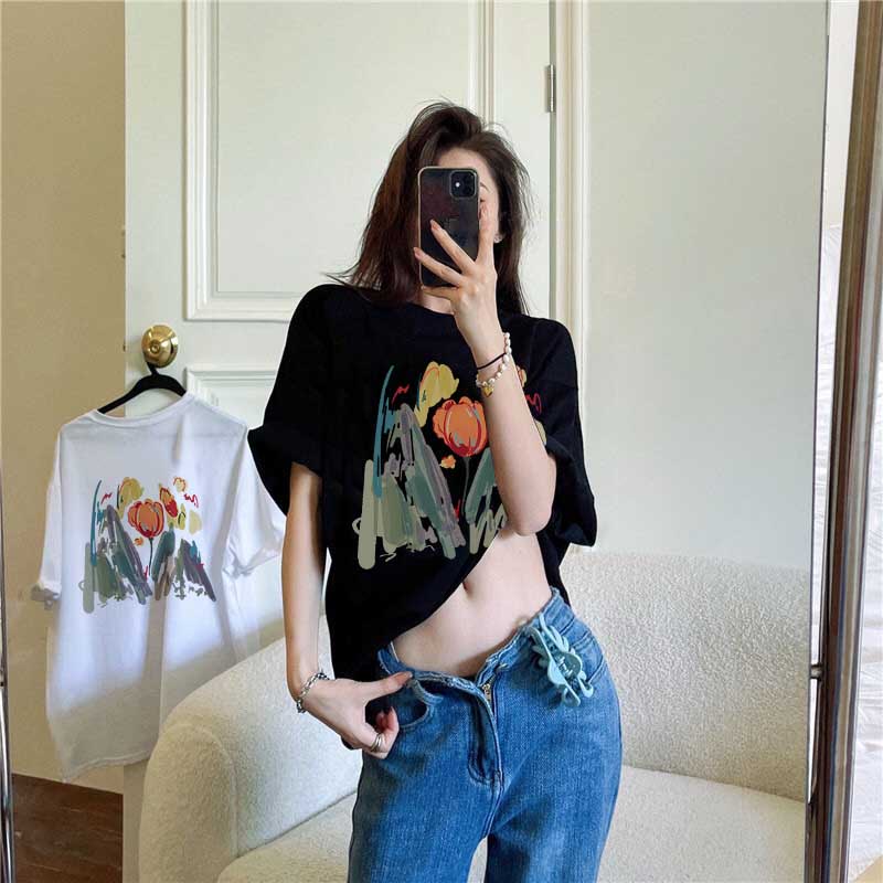 Áo Thun Ngắn Tay In Hoa Xinh Xắn Theo Phong Cách Hàn Quốc