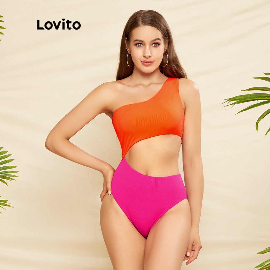 Lovito Đồng bằng một vai nữ một mảnh Sexy L33AD033 (Cam)