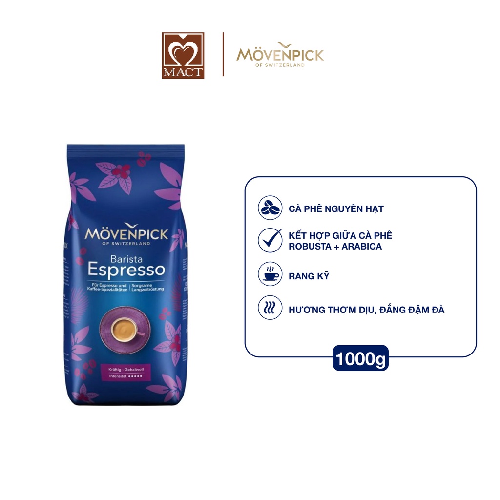 Cà phê nguyên hạt Mövenpick Espresso - 80% hạt Arabica 20% Robusta - Thơm phảng phất, đắng đậm đà - túi 1000g