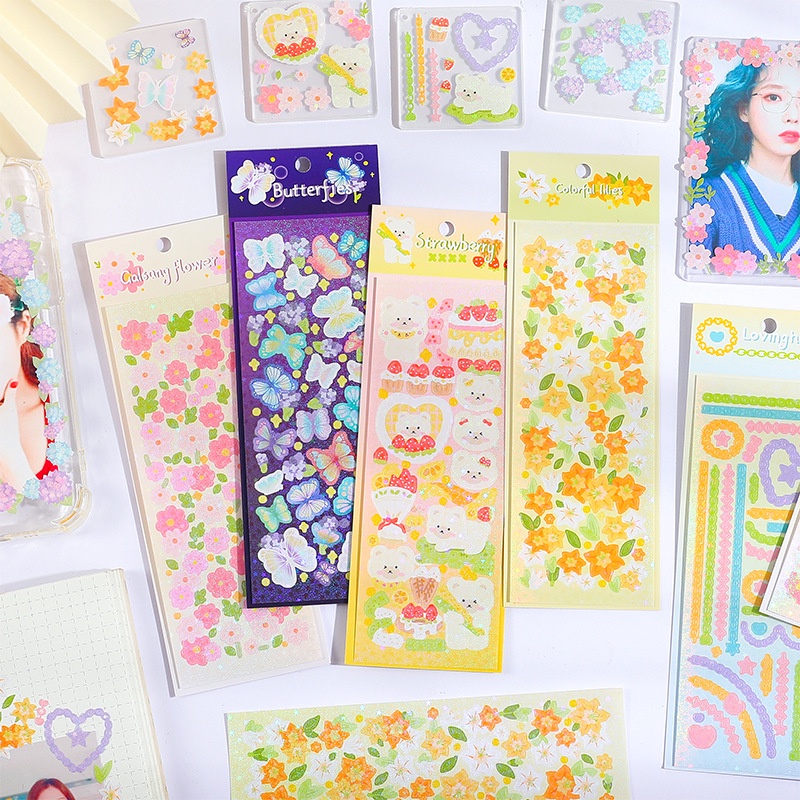 Zanmo hình dán sticker hoa gấu bướm kim tuyến dễ thương decor toploader