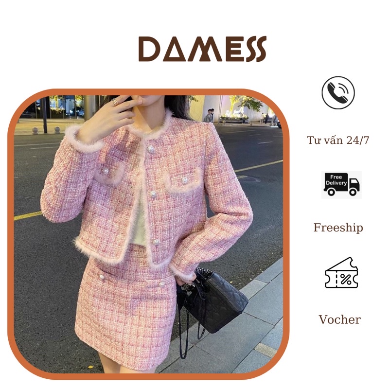 Set dạ tweed hồng gồm áo và chân váy phong cách hàn quốc hàng quảng châu cao cấp