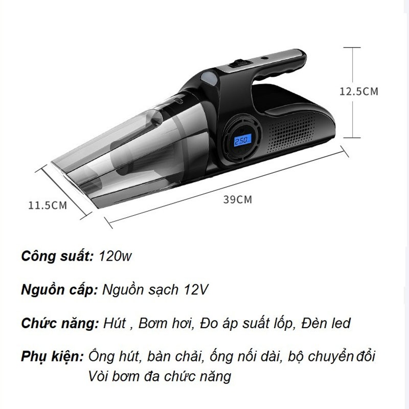 Máy Bơm Lốp Xe Hơi Kiêm Hút Bụi 4 Chức Năng Mẫu Mới Siêu Khỏe, Thiết Kế Cầm Tay Sang Trọng