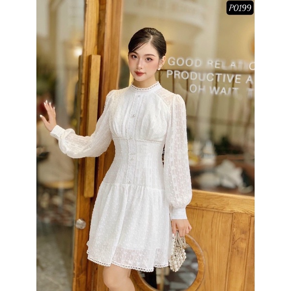 [JAMELA] Đầm ren midi tay dài phối cúc