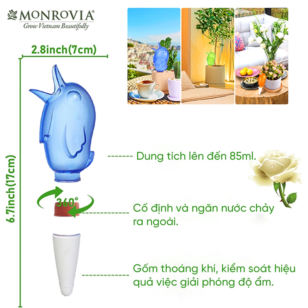 Đầu tưới nhỏ giọt tự động Monrovia, hình con chim, dung tích 85ml, thời lượng tưới đến 24h.