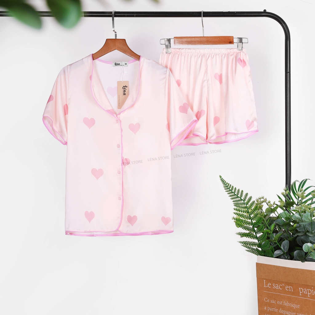 Bộ pijama Lụa Tim Hồng cổ bèo tay ngắn quần ngắn