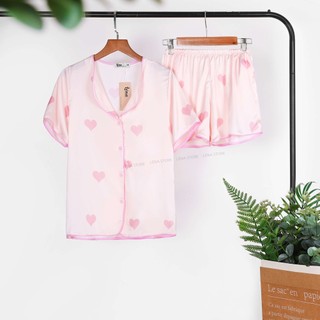 Bộ pijama Lụa Tim Hồng cổ bèo tay ngắn quần ngắn