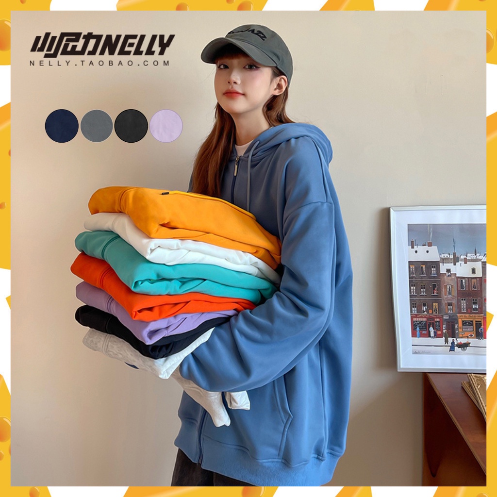 Áo khoác nỉ trơn NELLY hoodie zip thu đông, áo nỉ da cá kéo khóa form rộng nam nữ unisex - HOODIE ZIP