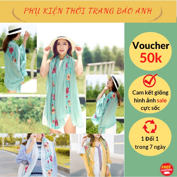 Khăn quàng cổ nữ dáng dài rộng họa tiết hoa thêu
