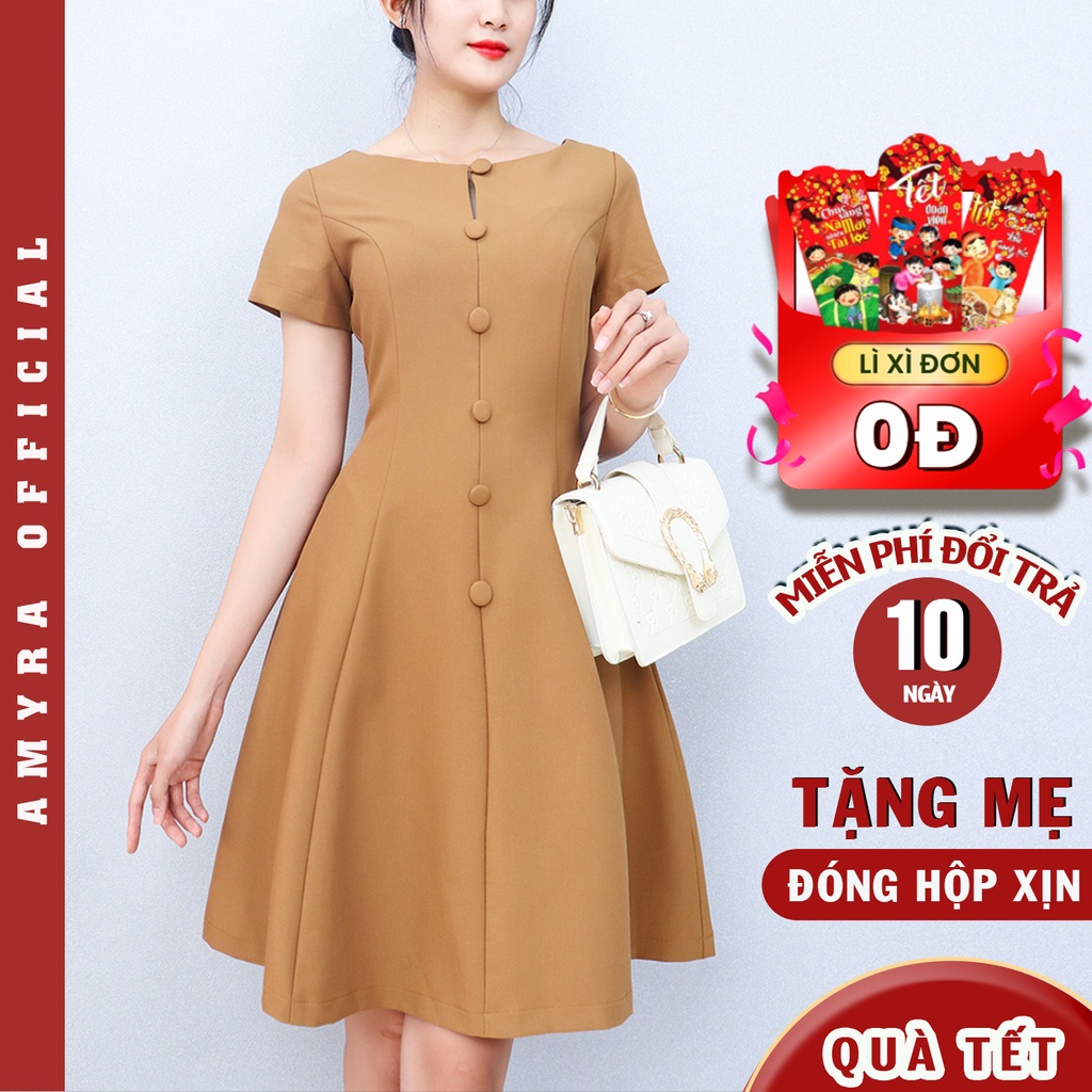 Váy trung niên cao cấp cho mẹ dáng xòe AMYRA thiết kế 8 mảnh nút sang trọng bigsize dự tiệc U40,U50 DA049