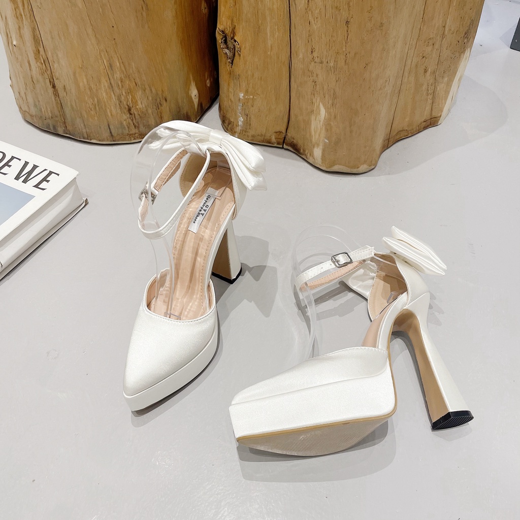 Giày Sandal Cao Gót Mũi Nhọn Đế Dày Đính Nơ Thời Trang 2023 Cho Nữ