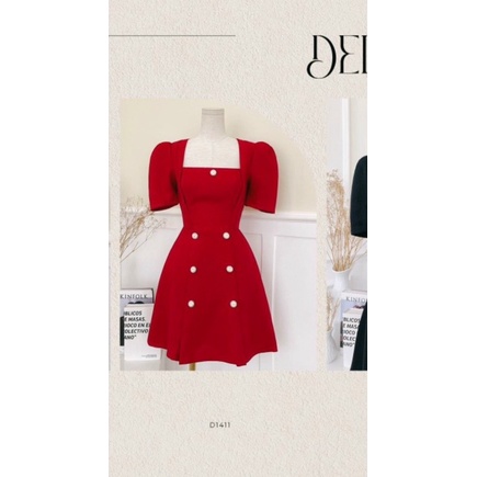 Đầm cổ vuông xoè 7 nút tay phồng