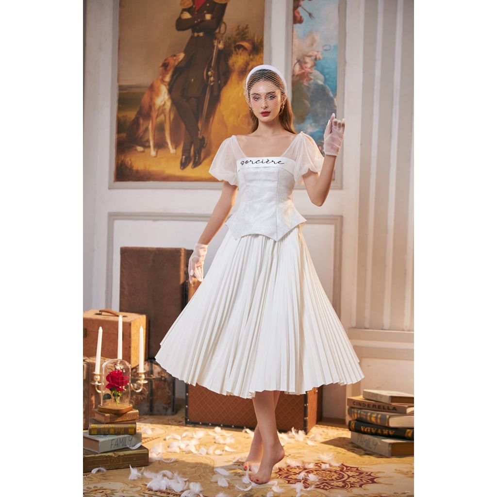 CHICHI - Váy taffta phối lưới bạc, xoè ly dẻ quạt Robe Couronne