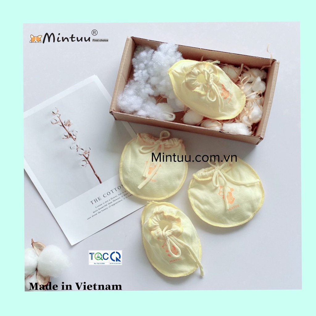 Bao tay chân cho bé sơ sinh, bao tay chân cột dây màu, chất liệu vải 100% cotton, thương hiệu MINTUU