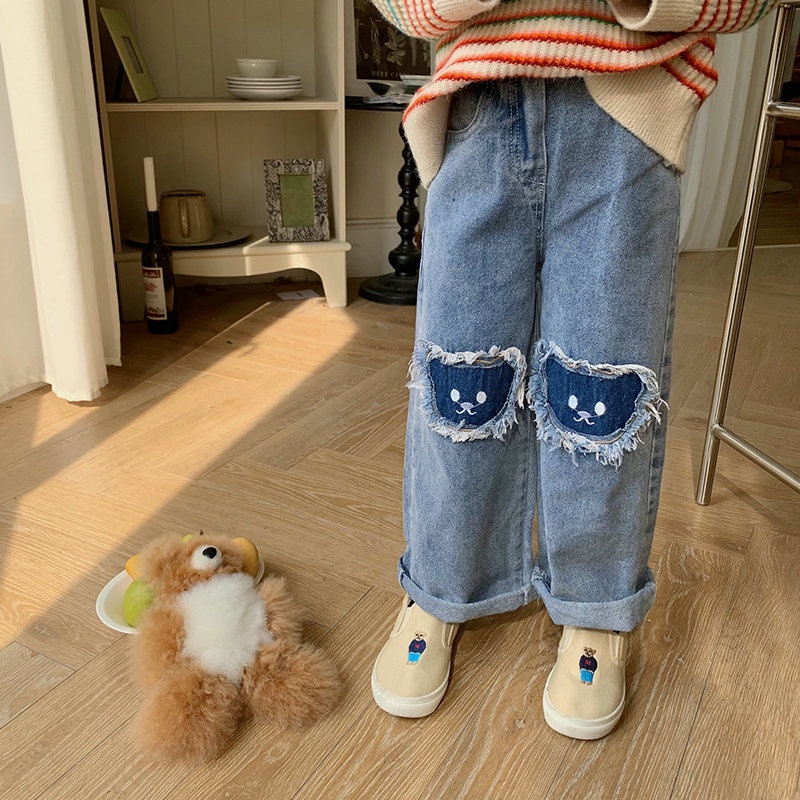 Quần Jean Ống Rộng Họa Tiết Mèo Hoạt Hình Phong Cách Hàn Quốc Cho Bé Gái 2-8 Tuổi