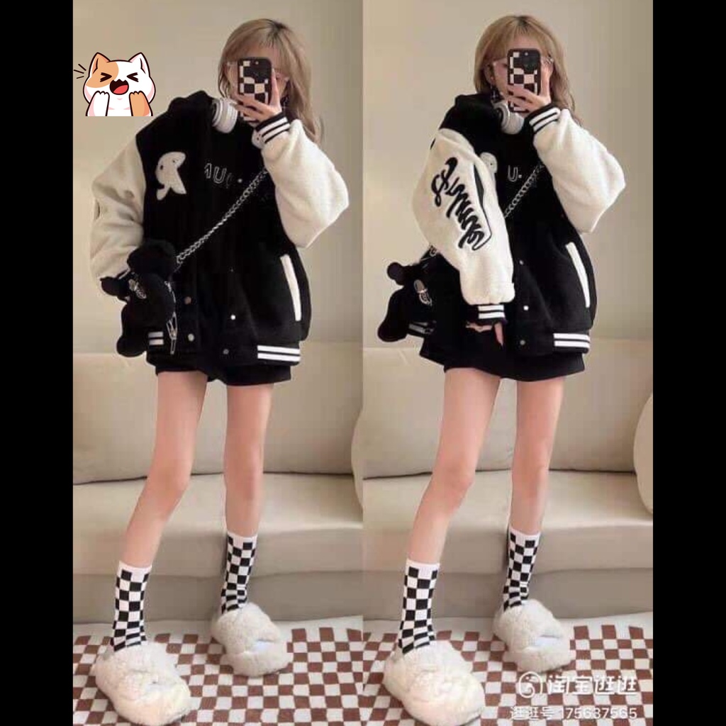 Áo bomber nữ nỉ lông thêu chữ R, áo khoác bomber nữ AS168