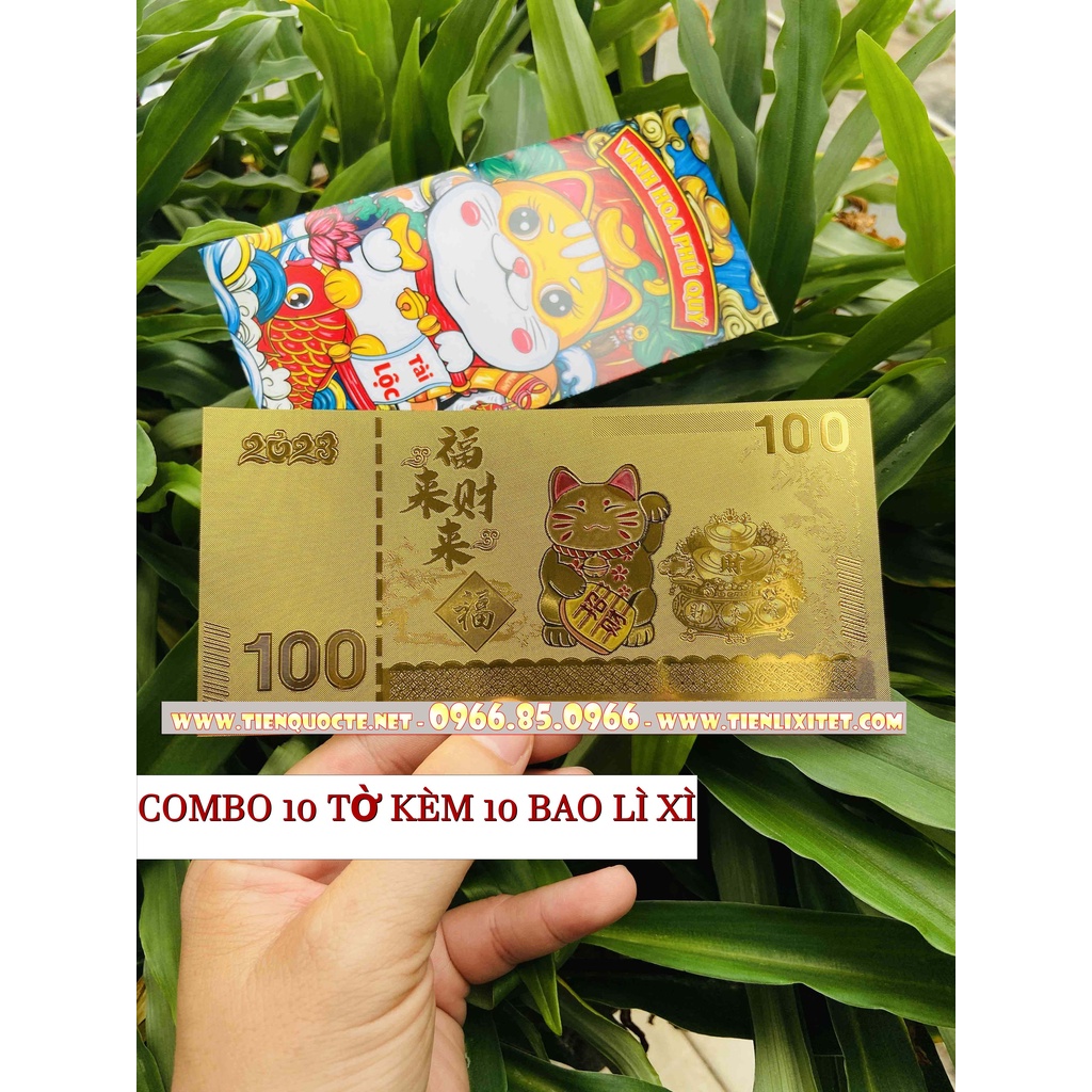 [Tết 2023] Combo 10 Tờ Tiền Lì Xì Tết Con Mèo Plastic Mạc Vàng Macao Mẫu 1 Tặng Kèm Bao Lì Xì Quý Mão