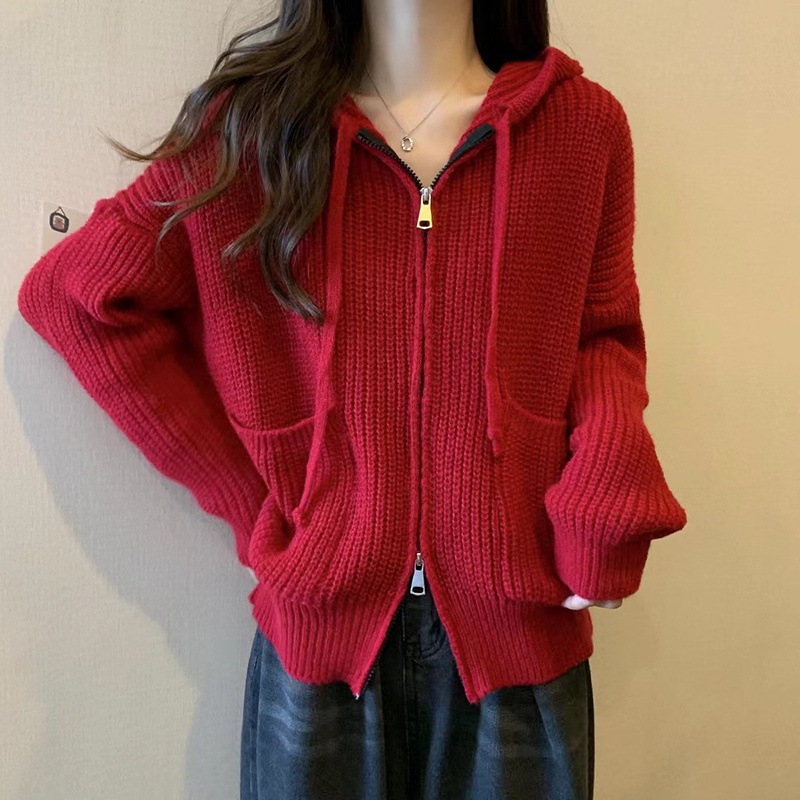 IELGY  IELGY   Áo Khoác cardigan Dệt Kim Có Mũ Trùm Phối Khóa Kéo Đôi Cho Nữ