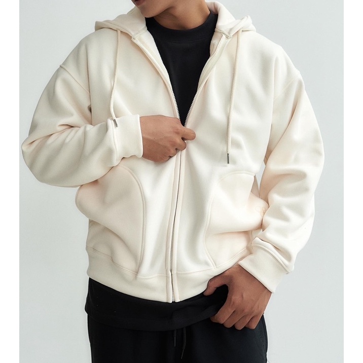 Áo khoác Hoodie zip chất liệu nỉ bông màu Cream kiểu dáng nam nữ unisex