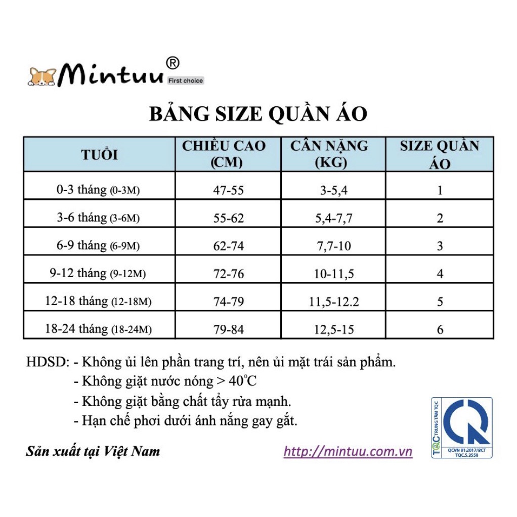 Bộ quần áo sơ sinh  cho bé  tay ngắn, cài xéo vải 100% cotton 4 chiều hiệu Mintuu First Choice cho bé 0 - 2 tuổi