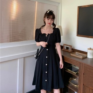 Đầm cổ vuông nút ngọc 2 màu mặc đi làm đi chơi đều xinh (kèm hình thật)