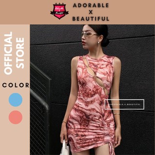 [Ảnh Thật] Đầm Body Thun Loang Cut Out Dây Rút Kiểu Họa Tiết Vân Xanh/Đỏ Phong Cách Sexy [AdorablexBeautiful]