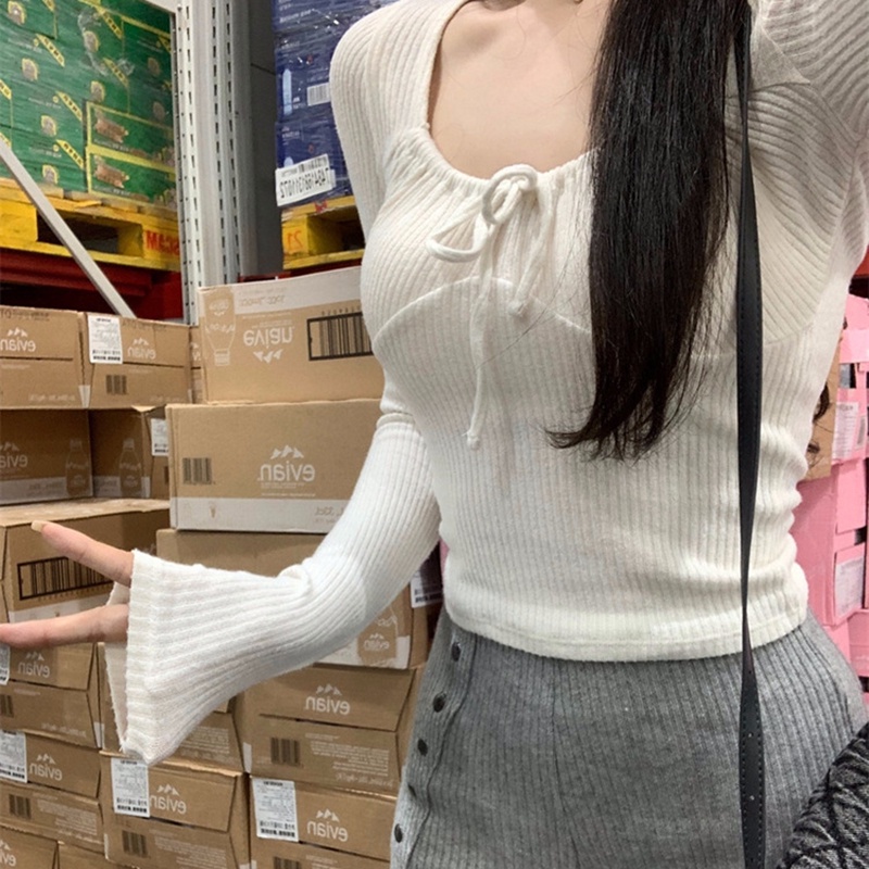 IELGY  IELGY Áo Croptop Cổ Vuông Tay Dài Dáng Ôm Thời Trang Cho Nữ