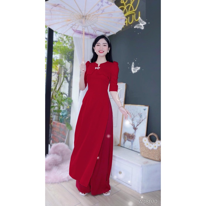 Áo Dài Cách Tân Nữ Bigsize Cổ Tròn Tay Lỡ Nơ Đá Đắp Ngực Chất Lụa Chéo Mềm Mại Dành Cho Người Mập 50.90kg