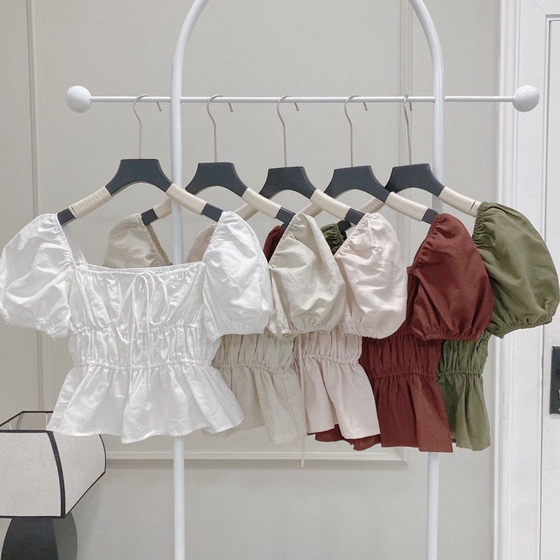 Áo kiểu tay bồng nhún eo cổ vuông cột nơ ngực size SM Pumi