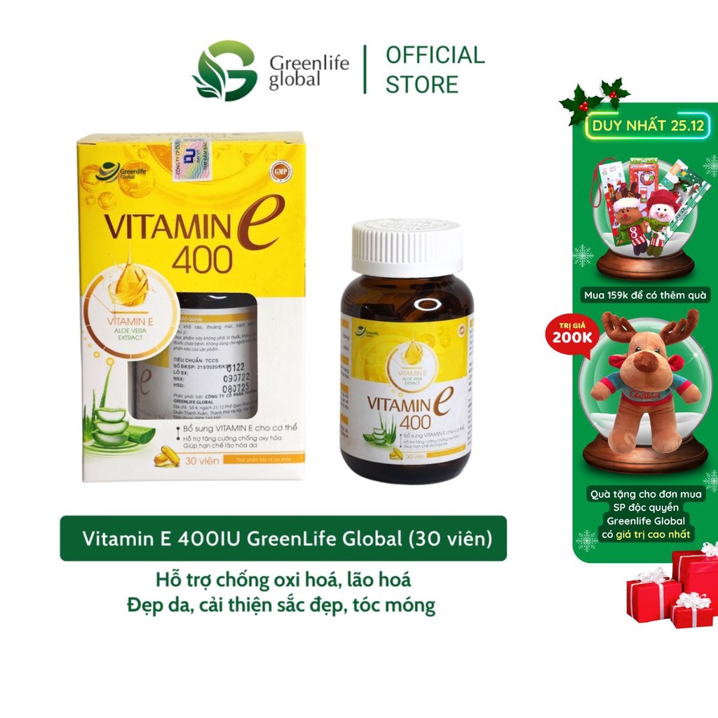 Vitamin E 400IU GreenLife Global - viên nang mềm đẹp da, tinh dầu lô hội chống lão hóa, lọ 30 viên chính hãng