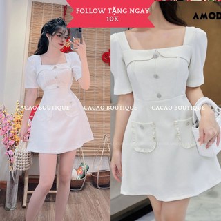[Có Sẵn]ĐẦM CỔ VUÔNG ĐI CHƠI ĐI TIỆC QUÝ PHÁI, CHUẨN FROM CHẤT DẠ XỊN PHỐI NÚT VỚI MÀU TRẮNG TRƠN